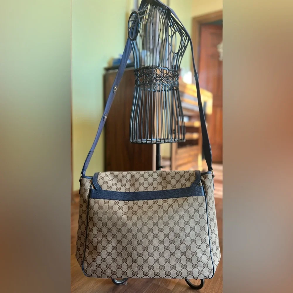 Gucci GG Canvas Messenger Diaper Bag - Blue Trim